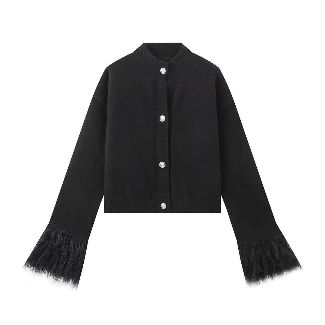 Damen lässige Strickjacke mit dekorativen Fransen und hochwertigen Knöpfen EB