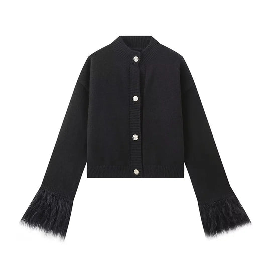 Damen lässige Strickjacke mit dekorativen Fransen und hochwertigen Knöpfen EB