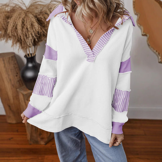 Damen lässiger Pullover mit Hemdkragen und gestreiften Ärmeln EB