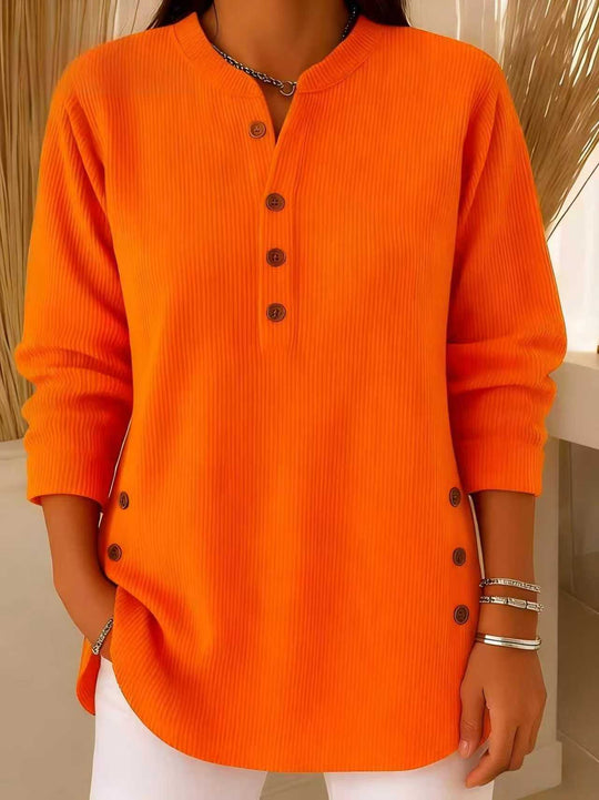 Damen nan plissee Tunika-Bluse mit Stehkragen, Knopfleiste und seitlichen Zierknöpfen EB