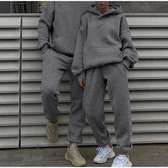 Damen nan gemütliches French-Terry Loungewear-Set mit doppellagiger Kapuze, Kängurutasche und elastischem Knöchel-Jogger EB