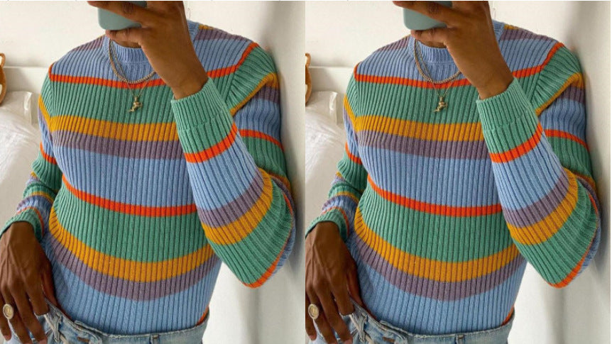 Damen Strickpullover mit modischem Streifenmuster und lässigem Schnitt EB