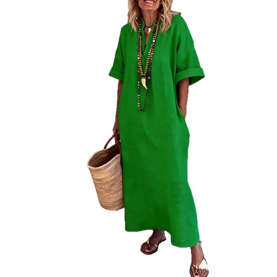 Damen Leinen Maxikleid mit V-Ausschnitt und praktischen Taschen EB