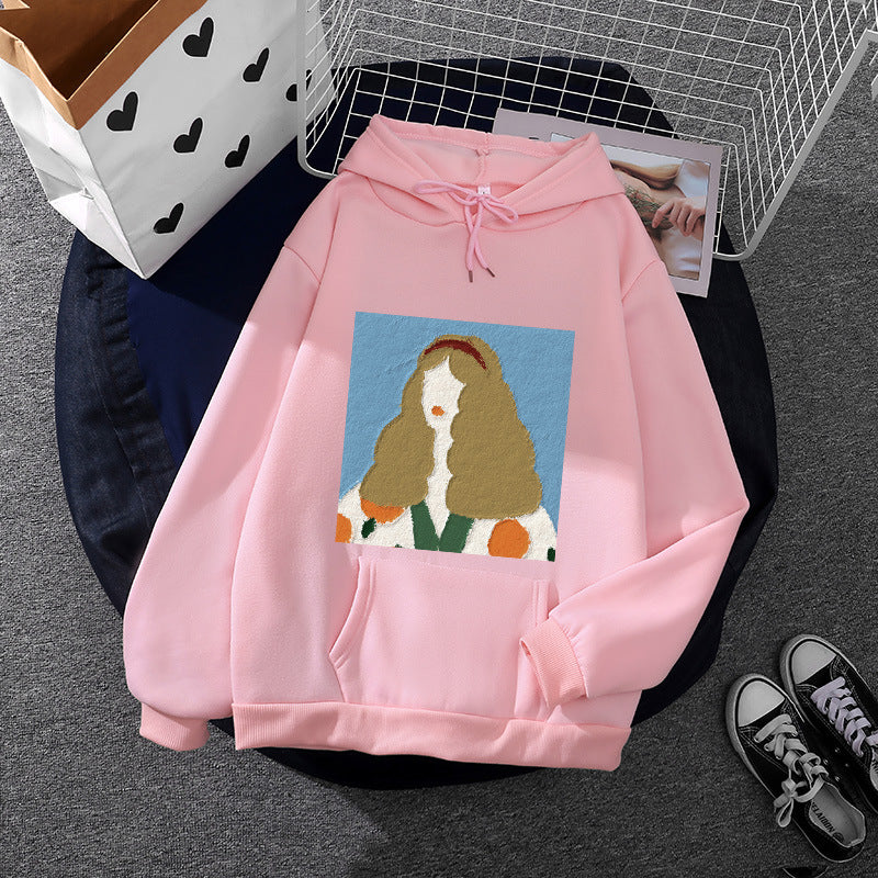 Damen nan Kapuzenpullover mit kunstvoller Chenille-Stickerei im Portraitstil und Kängurutasche EB