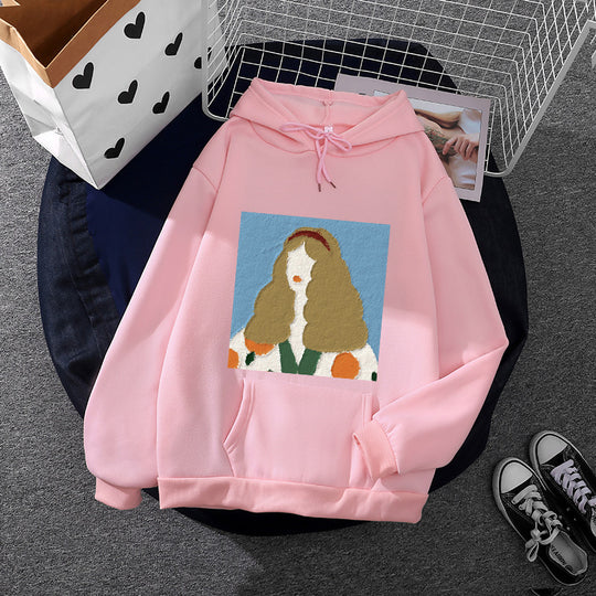 Damen nan Kapuzenpullover mit kunstvoller Chenille-Stickerei im Portraitstil und Kängurutasche EB
