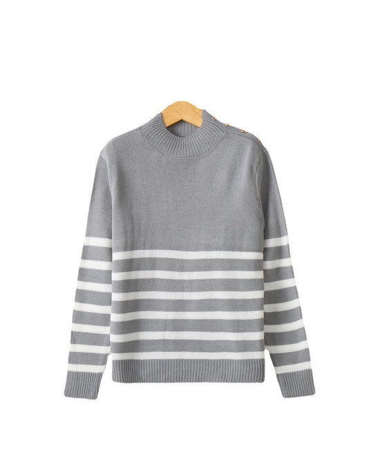 Damen modischer Strickpullover mit Streifenmuster und Knopfdetails EB