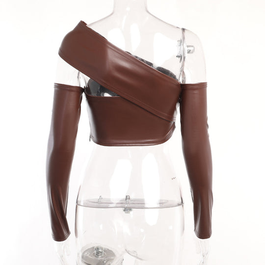 Damen elegantes asymmetrisches Cropped-Oberteil mit langen Ärmeln EB