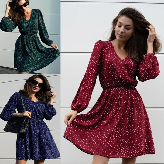 Damen Freizeitkleid mit V-Ausschnitt und Puffärmeln EB