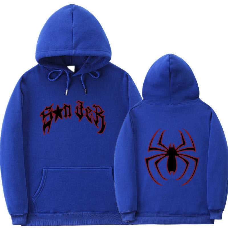 Damen Kapuzenpullover mit auffälligem Spinnenmotiv und grobem Schriftzug EB