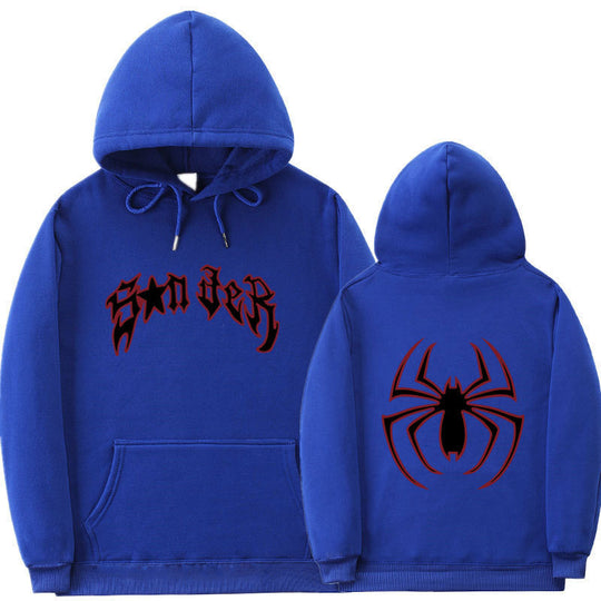 Damen Kapuzenpullover mit auffälligem Spinnenmotiv und grobem Schriftzug EB