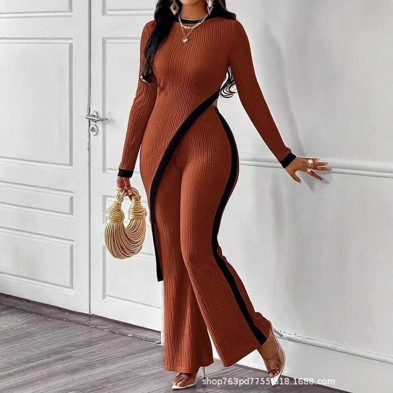 Damen nan eleganter Rippen-Jumpsuit mit asymmetrischer Wickeloptik, taillierendem Cut-Out und kontrastierenden Seitenstreifen EB