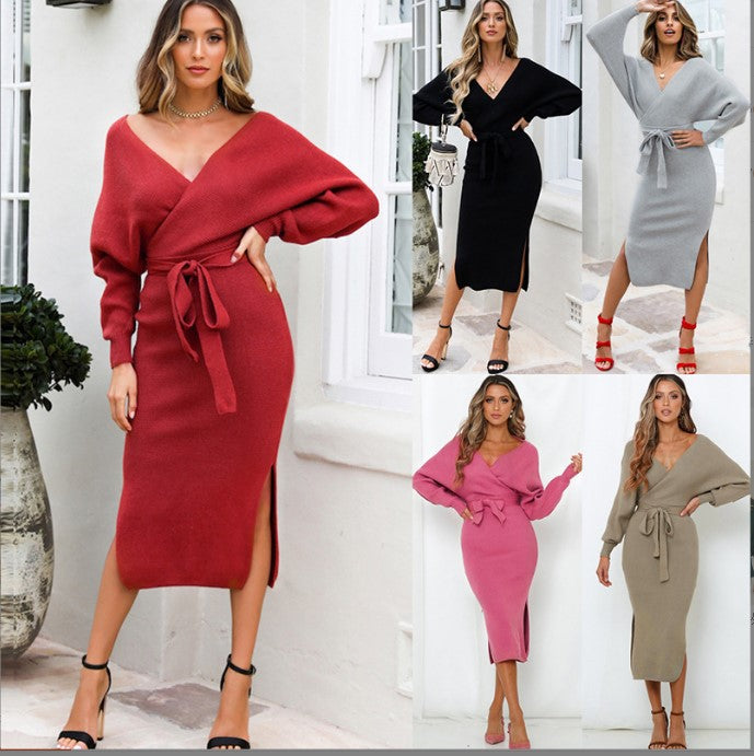 Damen Strickkleid mit Wickeloptik und seitlichem Schlitz EB