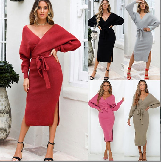 Damen Strickkleid mit Wickeloptik und seitlichem Schlitz EB
