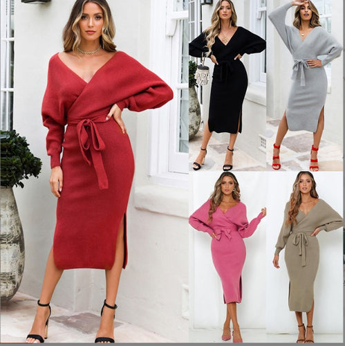 Damen Strickkleid mit Wickeloptik und seitlichem Schlitz EB