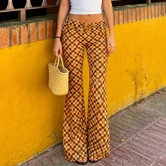 Damen nan ausgestellte Schlaghose mit hoher Taille, seitlichen Kordelzügen und retro Blumenprint EB