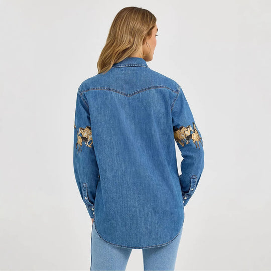 Damen Jeanshemd mit kreativem Pferdemotiv und hochwertiger Baumwollmischung EB