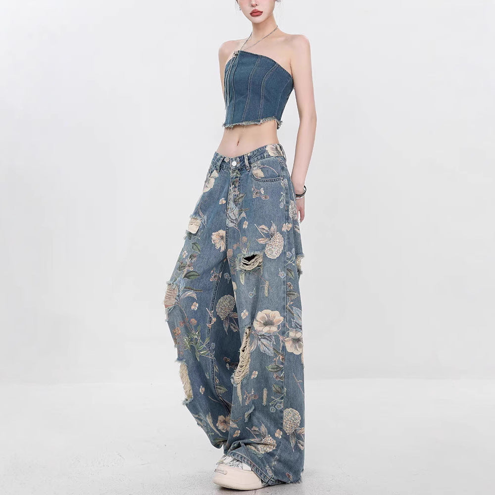 Damen Weit geschnittene Jeans mit floralem Design und schickem Destroyed-Effekt EB