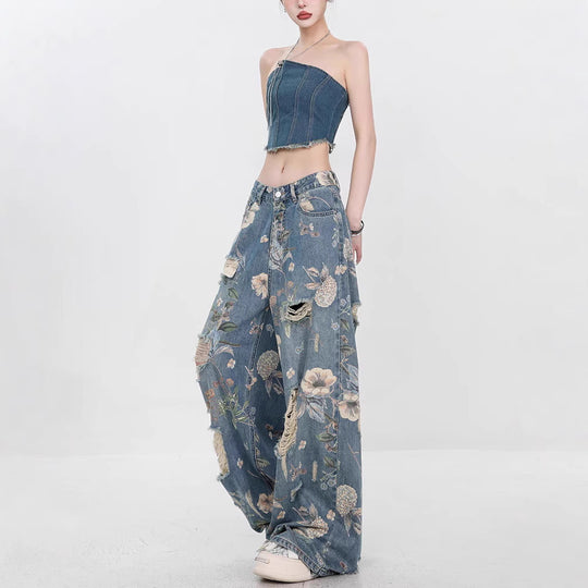 Damen Weit geschnittene Jeans mit floralem Design und schickem Destroyed-Effekt EB
