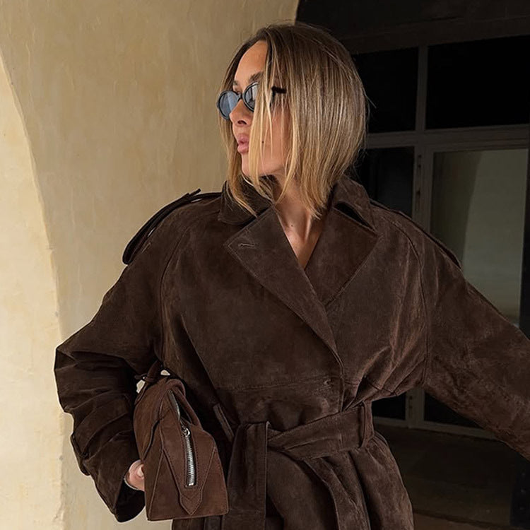 Damen modische Wildlederjacke mit Taillengürtel und voluminösen Ärmeln EB