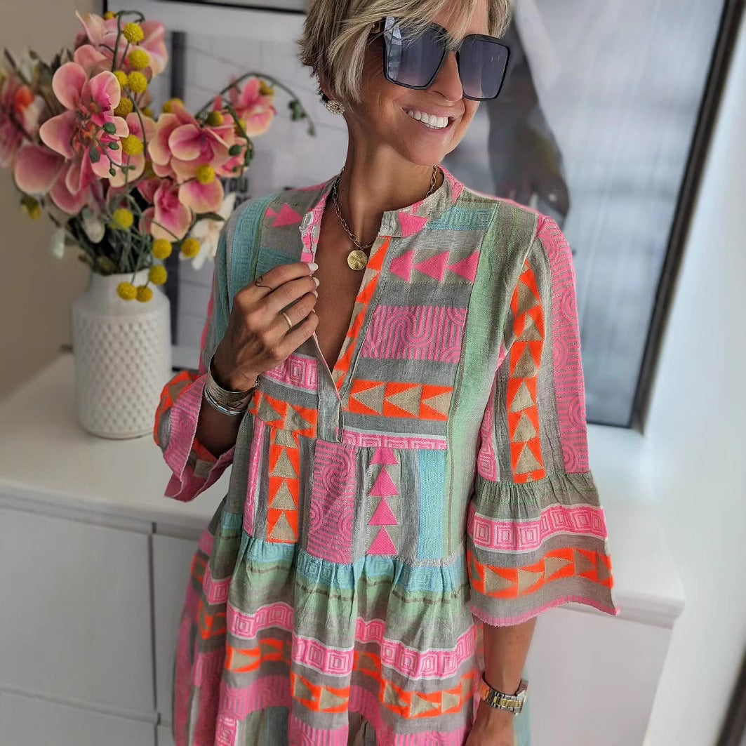 Damen luftiges Boho-Kleid mit eingewebten Mustern und kurzen Ärmeln EB