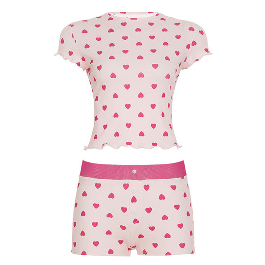 Damen Freizeitpyjama Set mit herzförmigem Design und elastischem Bund EB