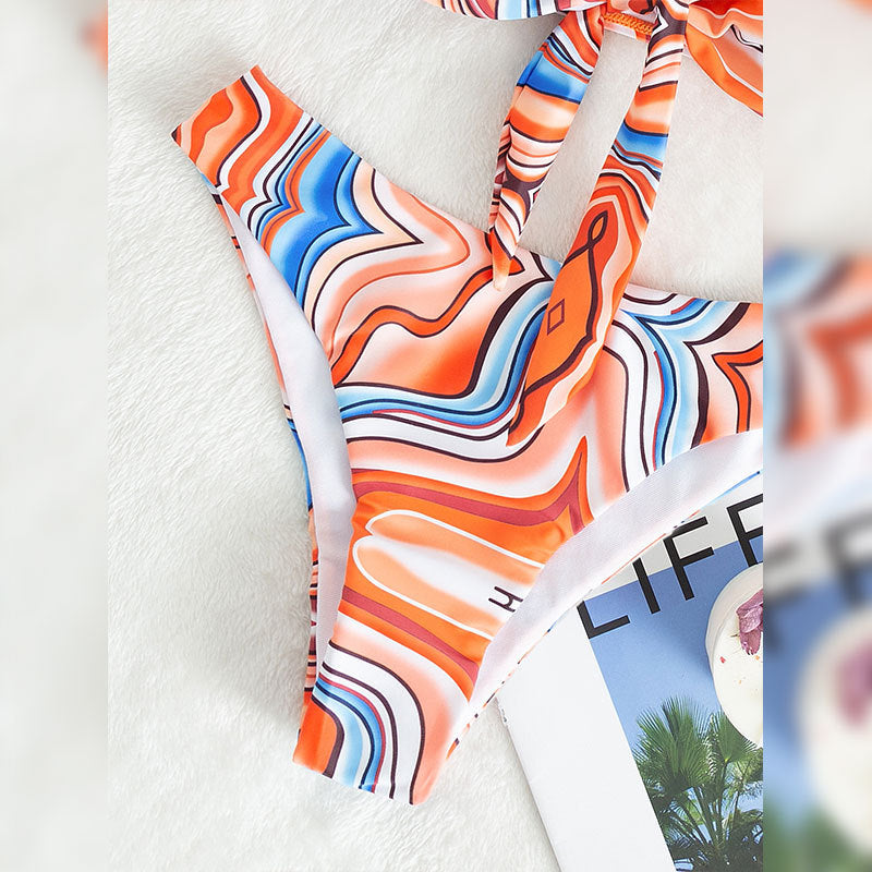 Damen Bandeau-Bikini mit verspieltem Wickeldesign und buntem Muster EB
