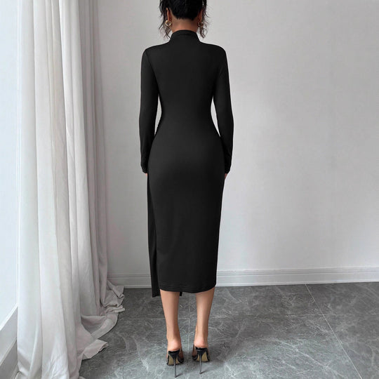 Damen nan figurbetontes Midikleid mit Stehkragen, Taillenraffung und asymmetrischem Saum EB