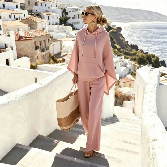 Damen nan lässiges Kapuzenponcho und weite Hose Lounge-Set aus weichem Sweatstoff EB