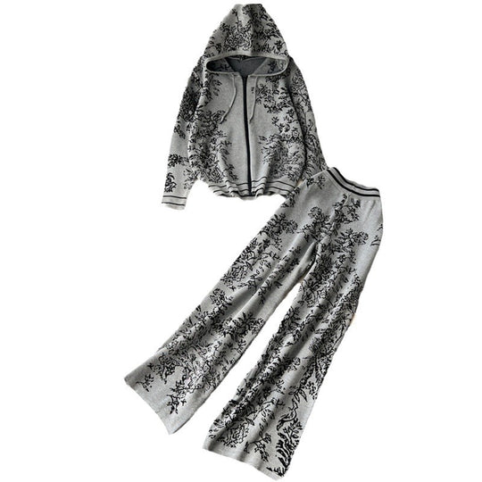 Damen modisches Freizeit-Lounge-Set mit Kapuze und floralem Muster EB