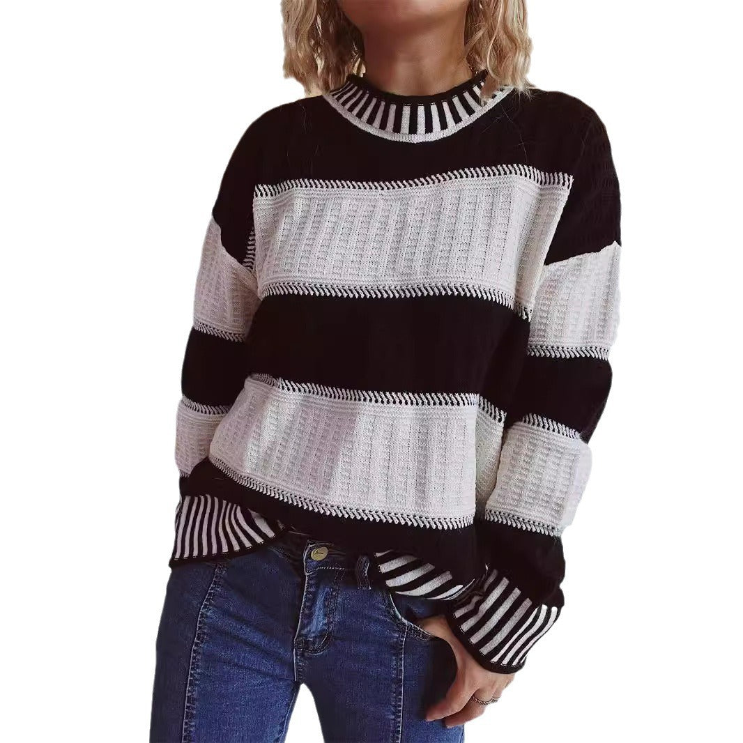 Damen lässiger Strickpullover mit modernem Streifenmuster und warmem Material EB