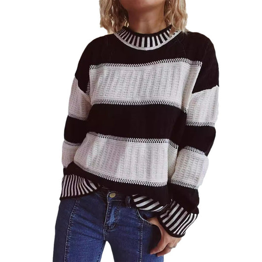 Damen lässiger Strickpullover mit modernem Streifenmuster und warmem Material EB