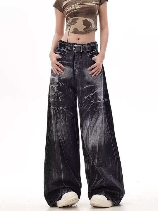 Damen Weite Jeanshose mit modischem Used-Look und hohem Bund EB