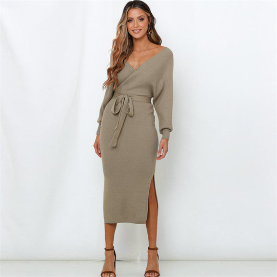 Damen Strickkleid mit Wickeloptik und seitlichem Schlitz EB