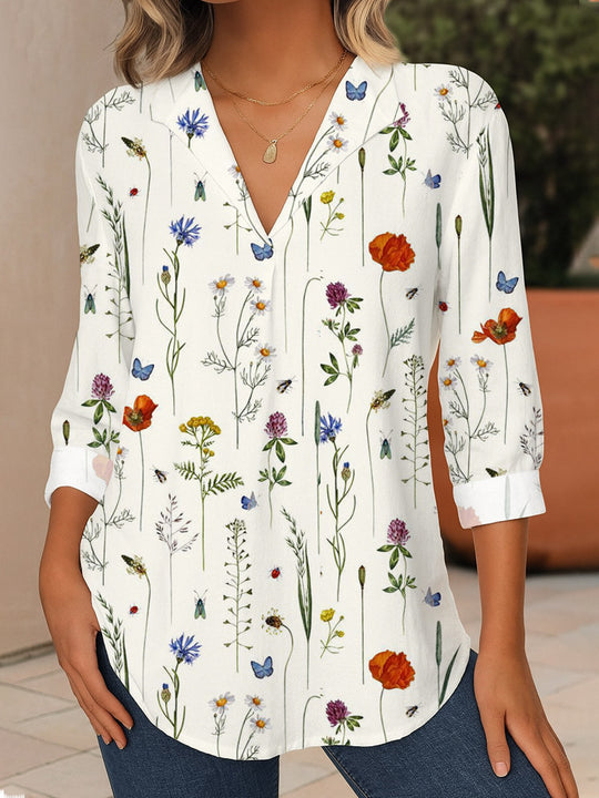 Damen Florale V-Ausschnitt Tunika-Bluse mit dreiviertel-Ärmeln und abgerundetem Saum EB