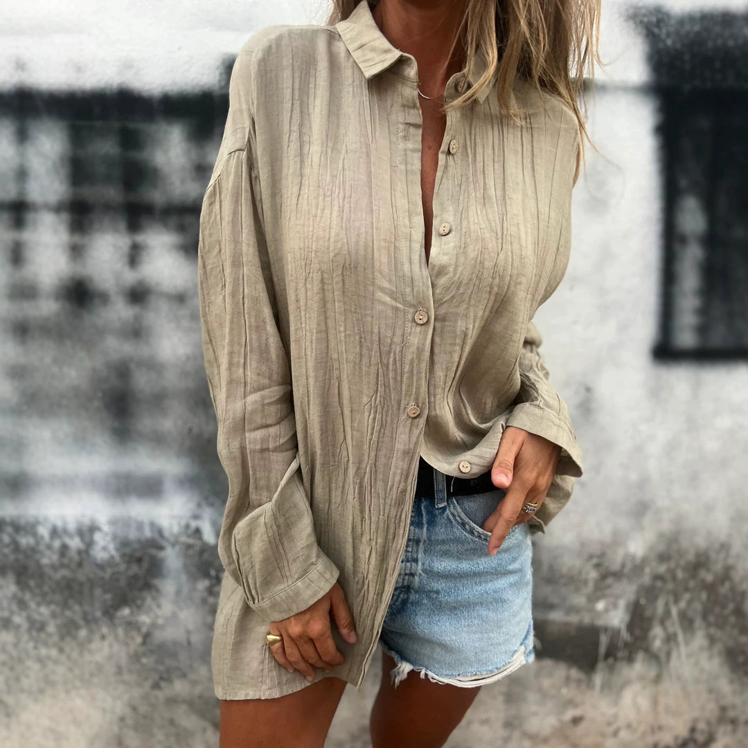 Damen nan lässige Oversize-Tunikahemd mit Leinenstruktur, Holzknopfleiste und verlängertem Saum EB
