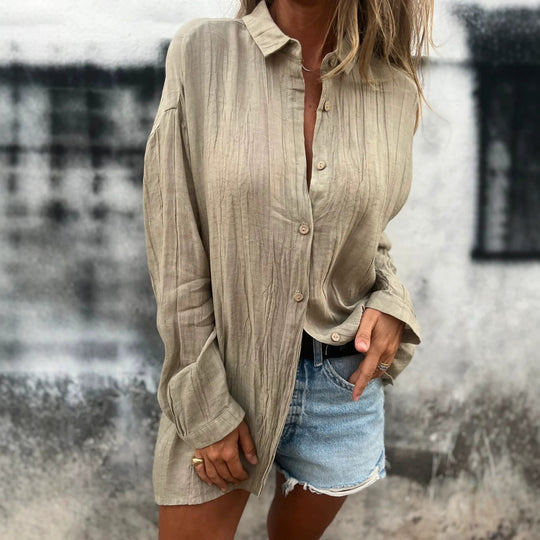 Damen nan lässige Oversize-Tunikahemd mit Leinenstruktur, Holzknopfleiste und verlängertem Saum EB