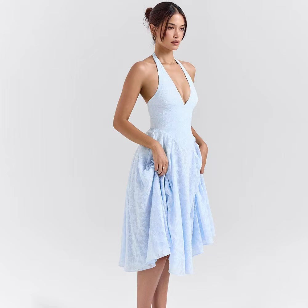 Damen Elegantes Midikleid mit tiefem V-Ausschnitt und schwingendem Rock EB