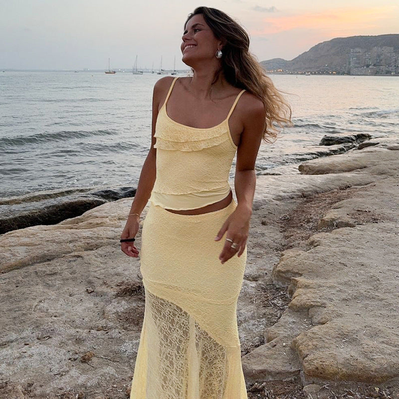 Damen Elegantes Maxikleid mit Längsnaht und Spaghettiträgern EB