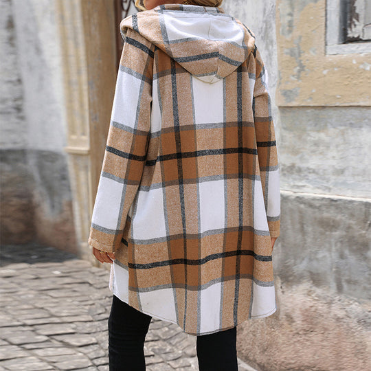 Damen modische Karojacke mit praktischen Taschen und Kapuze EB