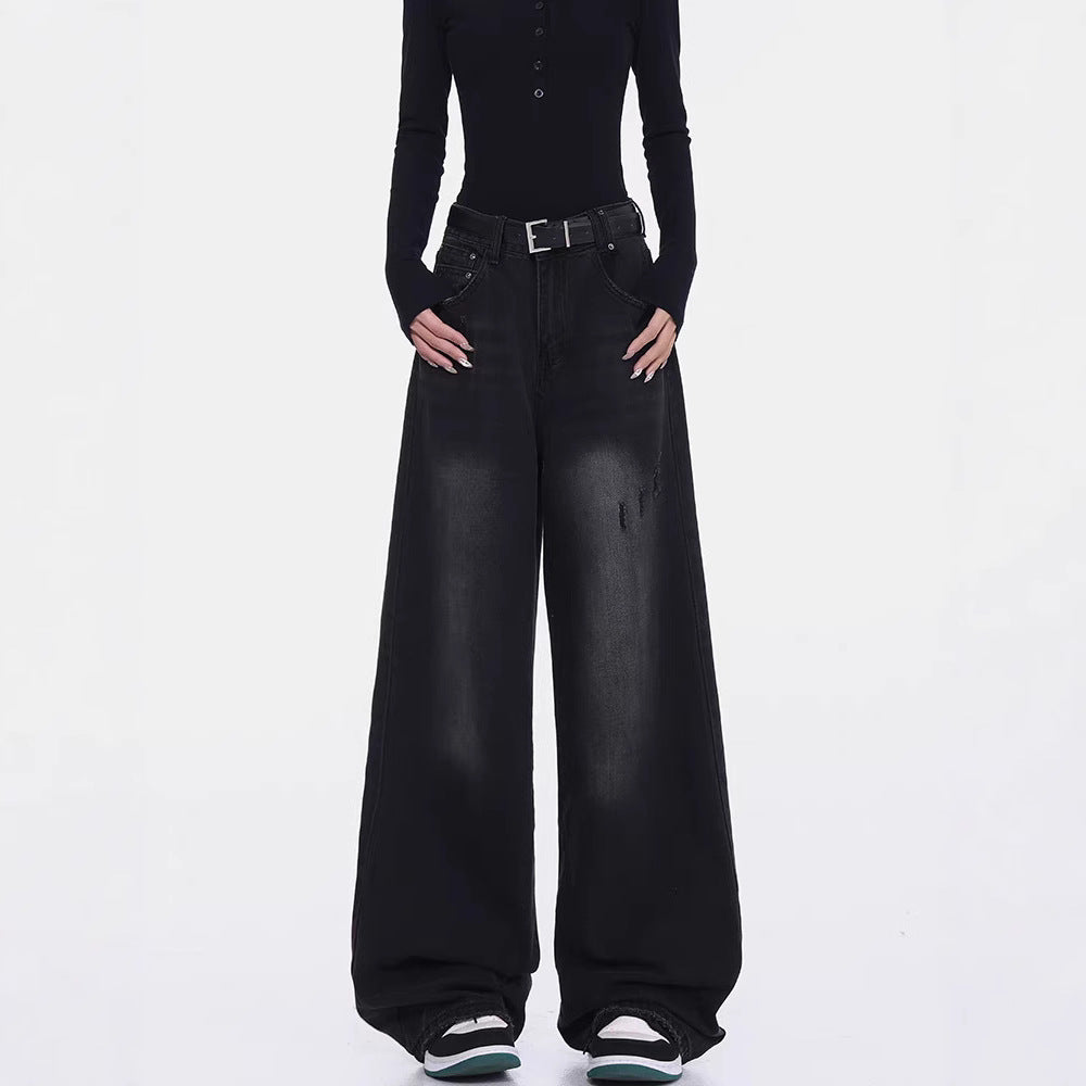 Damen Weite Denim-Hose mit hohem Bund und modischen Rissdetails EB