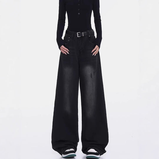 Damen Weite Denim-Hose mit hohem Bund und modischen Rissdetails EB