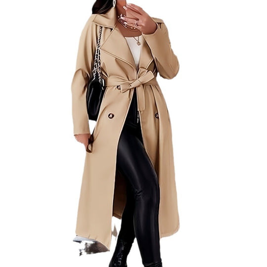 Damen Eleganter Trenchcoat mit Taillengürtel und doppelt geknöpften Details EB