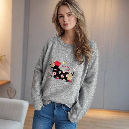Damen Pullover mit tierischem Motiv und dekorativen Stickereien EB