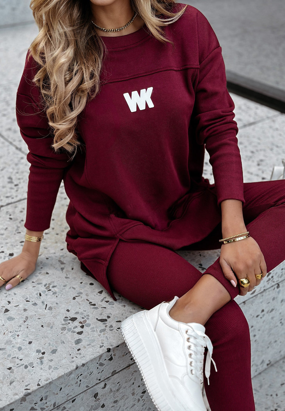 Damen nan Oversize-Longsweatshirt mit seitlichen Schlitzen und highwaist Ripp-Leggings Set EB