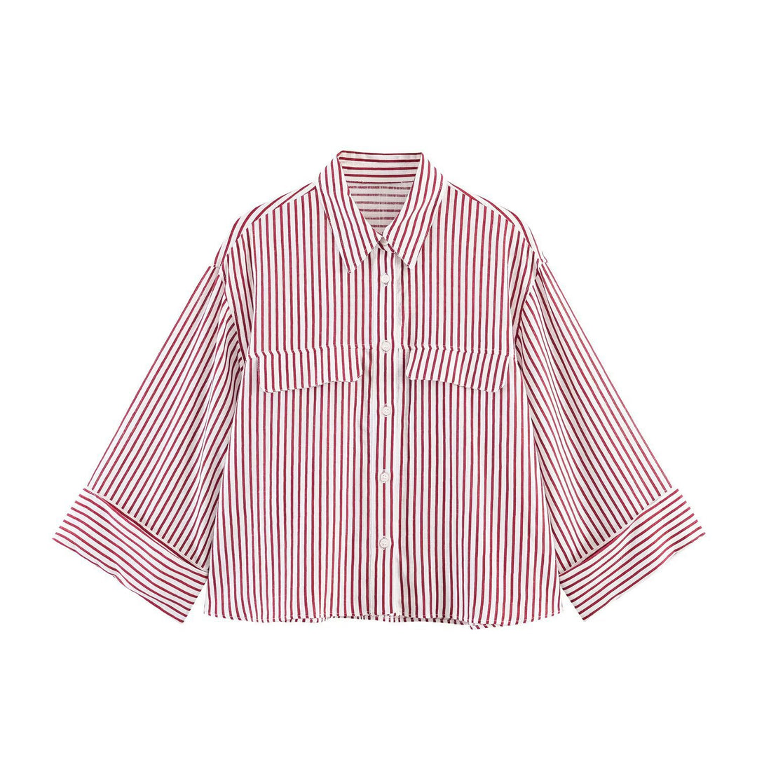 Damen gestreifte Bluse mit voluminösen Ärmeln und praktischen Taschen EB
