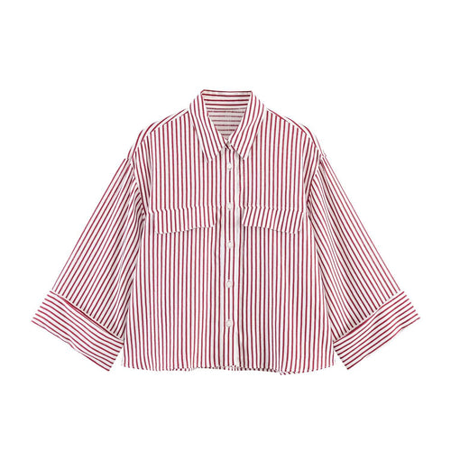 Damen gestreifte Bluse mit voluminösen Ärmeln und praktischen Taschen EB