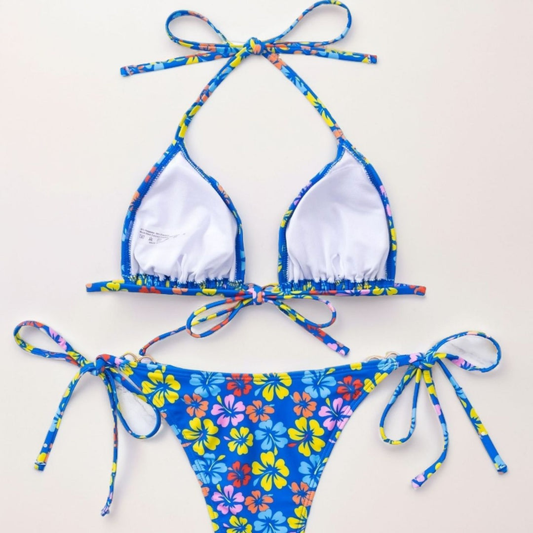 Damen Triangel-Bikini mit raffinierten Bindebändern und farbenfrohem Blumenmuster EB