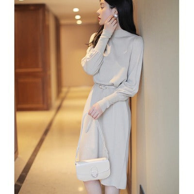 Damen Elegantes Knielanges Kleid mit Gürtel und Langarm EB