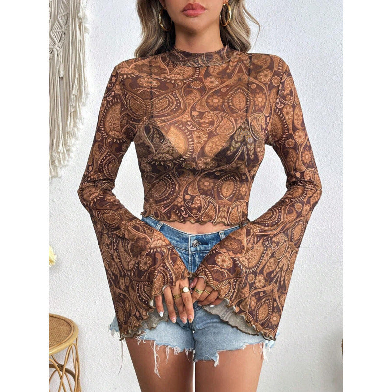 Damen modisches Langarm-Top mit weit geschnittenen Ärmeln und edlem Paisley-Muster EB