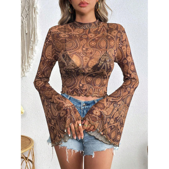 Damen modisches Langarm-Top mit weit geschnittenen Ärmeln und edlem Paisley-Muster EB